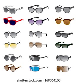 Nine different sunglasses styles on black and white and color version isolated on white background