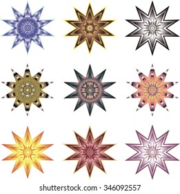 Nine different ten-pointed stars