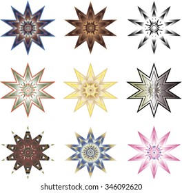 Nine different ten-pointed stars