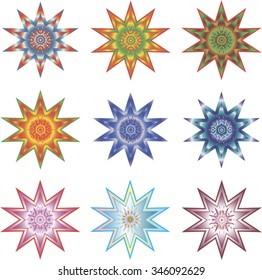 Nine different ten-pointed stars
