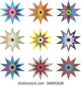 Nine different ten-pointed stars
