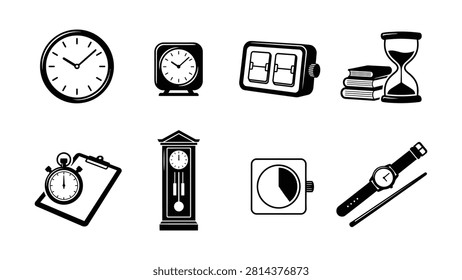 Nine different timekeeping devices including clocks wristwatch hourglass and stopwatch on transparent background