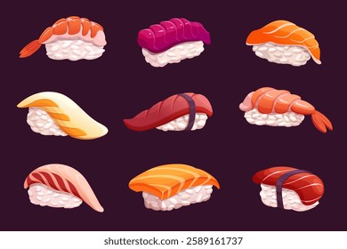 Nine different types of nigiri sushi on a dark background. Each nigiri consists of salmon, tuna, shrimp, eel, and other popular types of seafood.  Vector illustration