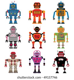 Nine different Vector retro cute little Robots