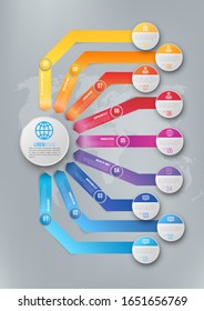 Nine different ways arrows pointed to one finish target or goal, from different starting position. Vector infographics template on white background