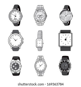 Nine different wristwatch icon designs in black and white color isolated on white background