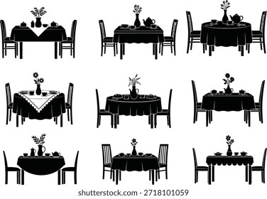 Nueve siluetas de mesa de comedor con sillas y vajilla - Ilustración en blanco y negro