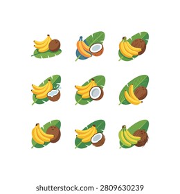 Nine distinct arrangements featuring ripe yellow bananas and halved coconuts, often accompanied by lush green banana leaves, presented on a clean white background.