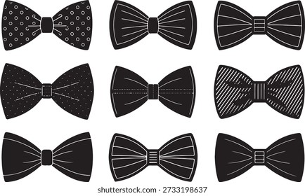 Nine distinct black bow tie designs showcasing different textures and patterns
