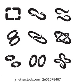 Nine distinct black graphic elements showcasing abstract shapes and interconnected forms.