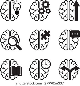 Nine distinct black line art icons depicting a human brain with symbols representing ideas learning and problemsolving