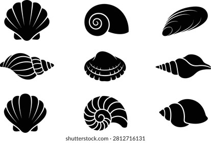 Nine distinct black silhouette of seashells are arranged in a 3x3 grid on a plain white background. seashell, shell, silhouette. collection of nine black silhouette of various...