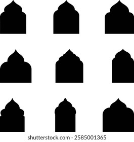 Nine distinct black silhouettes of Islamic architectural domes, showcasing variations in shape and style. Simple, elegant designs, ideal for design inspiration.