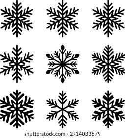 Nine distinct black snowflake designs arranged in a three by three grid.