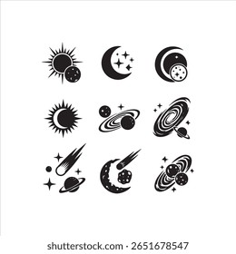 Nove distintas representações gráficas em preto e branco de elementos espaciais e eventos astronômicos.