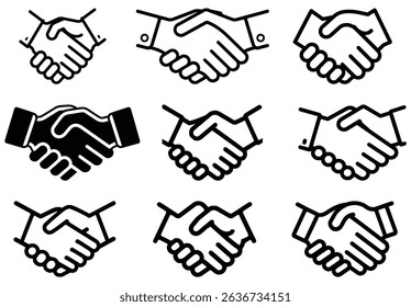 Nine distinct black and white line art handshake icons are displayed against a white background, showcasing variations in design and hand positions, indicating partnership.