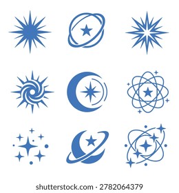 Nine distinct blue vector icons featuring abstract stars, crescent moons, and orbiting celestial designs. Clean, modern lines with solid blue fill