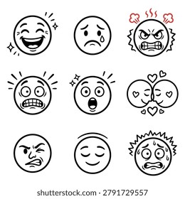 Nine distinct cartoon faces illustrating a range of human emotions and expressions in a simple line art style.