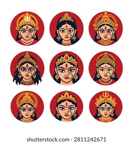 Nine distinct circular portraits of Goddess Durga, each showcasing unique facial features, ornate jewelry, and elaborate crowns, set against a plain red background.