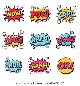 Nove bolhas distintas de fala em quadrinhos com texto em negrito como "WOW!", "POW!", "ZAP!", "OMG!", "HELLO!", "BANG!", "OHHH!", "BANH!" e "OK!".