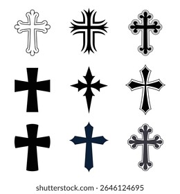 Nine distinct cross designs in black gray and navy blue against a white background simple geometric and ornate styles