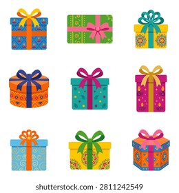 Nine distinct gift boxes, each adorned with vibrant patterns and tied with decorative ribbons and bows, presented against a white background.