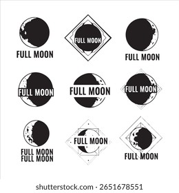 Nine distinct graphic representations of the full moon phase, some with text and geometric frames.