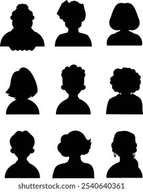 neun verschiedene menschliche Silhouetten, die jeweils ein anderes Individuum mit unterschiedlichen Frisuren und Gesichtszügen darstellen, alle in einem einfachen, schwarz-weißen Stil dargestellt.