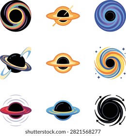 Nine distinct illustrations of black holes, each featuring a unique accretion disk design and color palette, presented in a grid format.