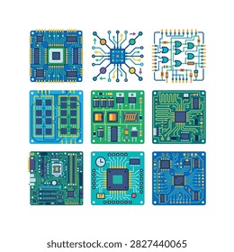 Nine distinct illustrations of computer processors, microchips, and circuit boards, showcasing intricate designs and electronic components.