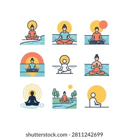 Nine distinct illustrations depict individuals in various yoga and meditation postures, some with symbolic halos and serene backgrounds.