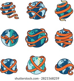 Nine distinct illustrations of planet Earth globes, each uniquely adorned with flowing orange ribbons, symbolizing global connection and celebration.