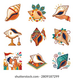 Nine distinct illustrations of the Shankha, a sacred conch shell, adorned with cultural elements like peacock feathers and floral garlands.