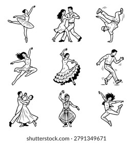 Nine distinct illustrations showcase various dance forms including ballet, ballroom, breakdancing, contemporary, flamenco, hip hop, and Indian classical dance.