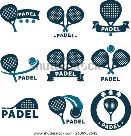 Nine distinct padel logos showcasing rackets, balls, and dynamic movement, ideal for branding and promotional materials related to the sport
