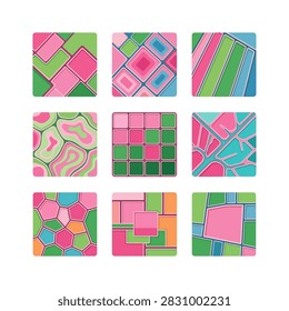 Nine distinct square mosaic patterns featuring vibrant pink, green, and blue geometric shapes and organic forms, arranged in a 3x3 grid.