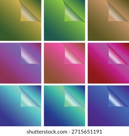 Nine distinct squares showcasing vibrant color gradients with gracefully folded page corners, creating a sense of dimension and transition.