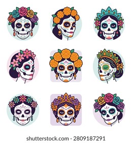 Nine distinct sugar skull illustrations, each adorned with vibrant floral headpieces and intricate face paint.