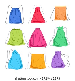 Nueve bolsas de cordón de diversos colores que representan el almacenamiento, la educación, la aptitud y los conceptos promocionales, organizados en una cuadrícula sobre un fondo blanco limpio