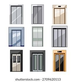 Nine diverse illustrated elevator doors presenting various modern and classic designs, materials, and styles for building access and vertical transportation concepts