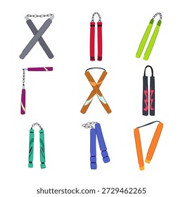 Nueve diversos diseños de nunchaku en colores surtidos y estilos de conector, Ilustraciones vectoriales planas que muestran armas de entrenamiento de artes marciales tradicionales y modernas sobre fondo blanco