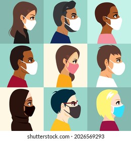 Nine diverse people portrait avatar side view wearing medical face masks