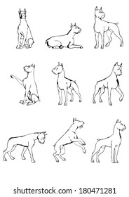 Nine dog's figures in different poses, outlined.