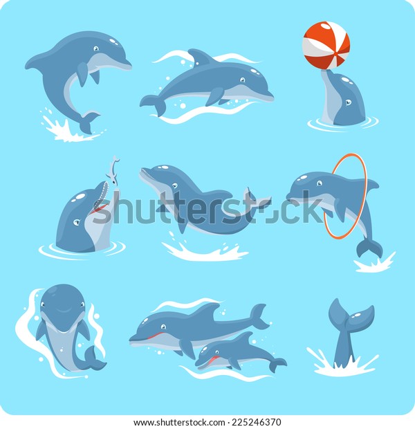 Nine\
Dolphin set collection, playing with ball, with red ring, jumping,\
two dolphins, and swimming vector\
illustration.