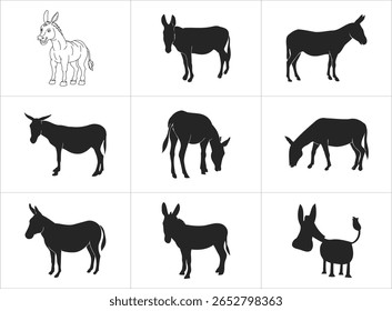 Nove projetos de burros apresentam poses em preto e branco, oferecendo um estudo em forma equina e jogo de sombra com apelo vetorial para criativos.