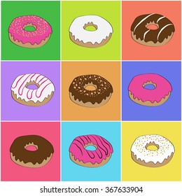 Nine donuts on the colorful background