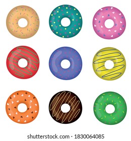 Nine donuts, donuts set, multicolor illustration, vector donuts on white background, tasty donut