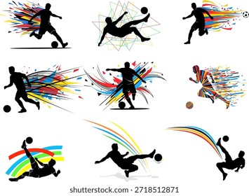 Neun dynamische Silhouettenfiguren, die mit bunten Fußbällen spielen, perfekt für Sportplakate, Merchandise-Design und sportliche Event-Aktionen.