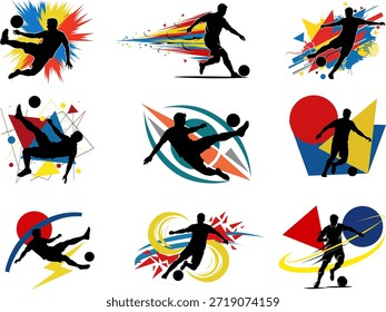 Nueve figuras de silueta dinámica jugando con pelotas de fútbol de colores, perfecto para carteles deportivos, diseño de Mercancías y promociones de eventos deportivos.