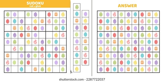 Nine Easter eggs in sudoku game. Game puzzle for kids. Cut and glue. Cartoon, flat, vector, eps 10
